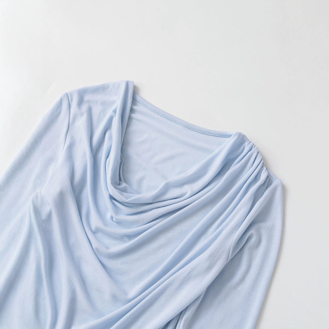 Women's Waterfall Collar Long Sleeve Shirt with Draping and Tailored Wrap Look Amarae