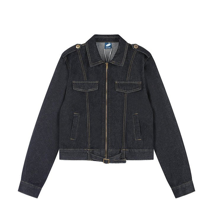 Women Short Cut Denim Jacket with Epaulettes, Zipper and Waist Belt Amarae