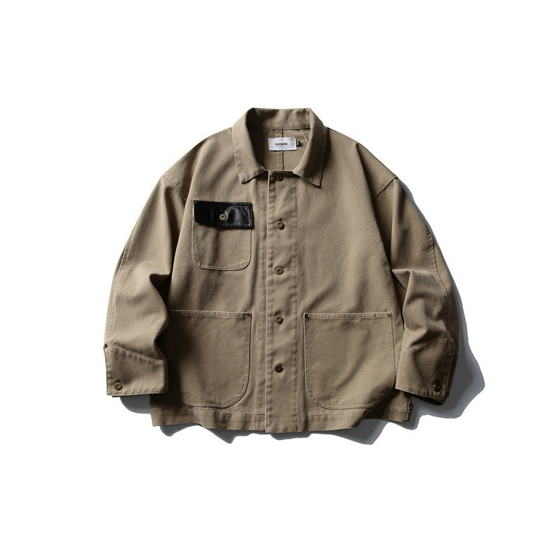 Unisex Boxy-Canvas-Worker-overshirt jacket with leather patch and patch pockets Amarae