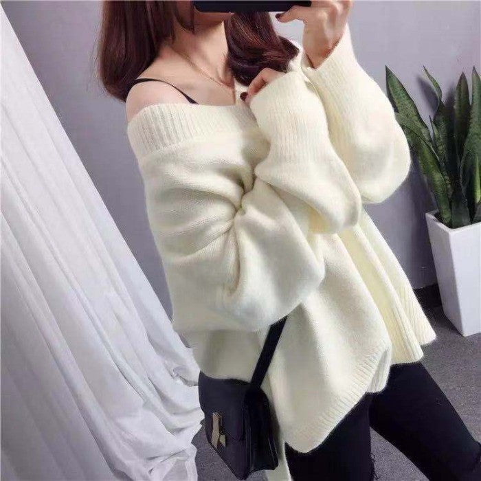 Pull en maille épaisse pour femme avec un décolleté en V, une coupe décontractée et des manches surdimensionnées Chic & Stil