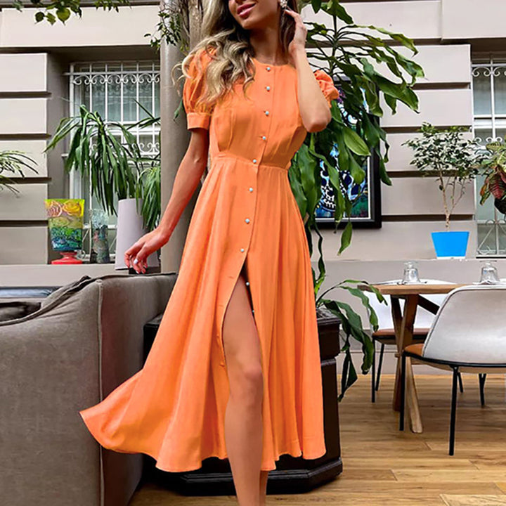 Maxi dress for women with button placket and side slit Lune London