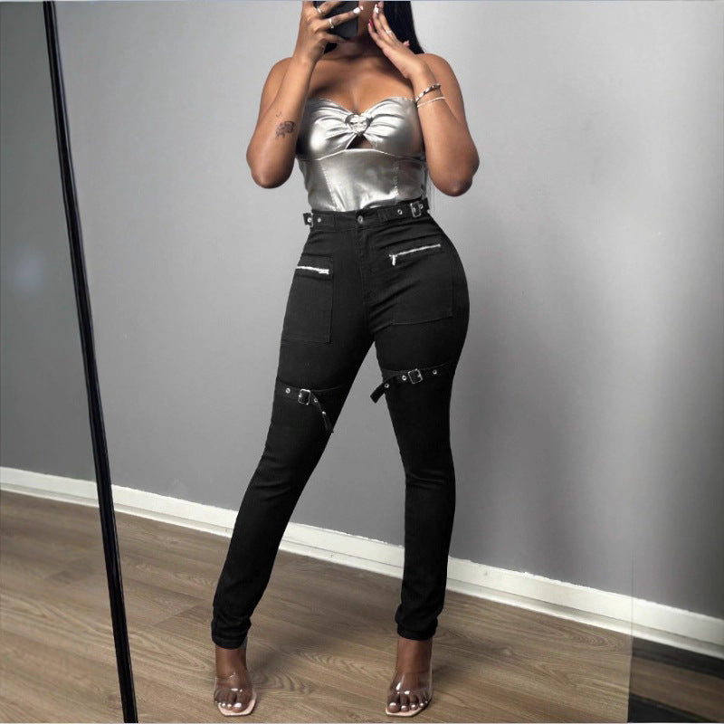 Women High-Waist Skinny Jeans with decorative zippers, patch pockets and belt decor Amarae