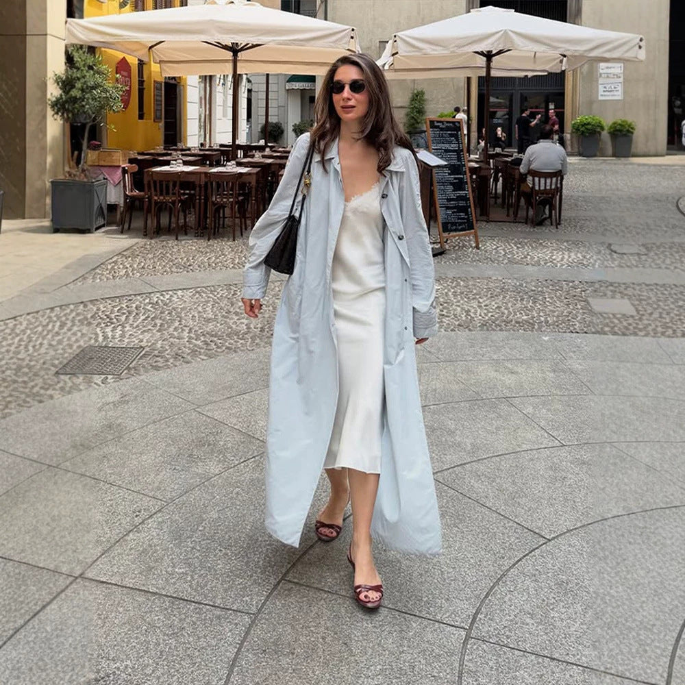 Women's Lightweight Long Trench Coat Made from Technical Material with Concealed Button Placket and Loose Fit Amarae
