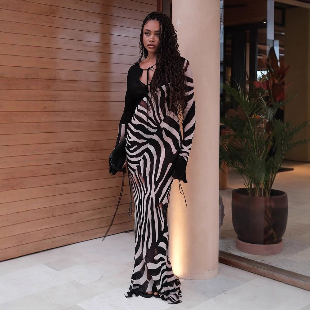 Women's body-hugging mesh maxi dress with deep V-neckline & graphic zebra print Amarae