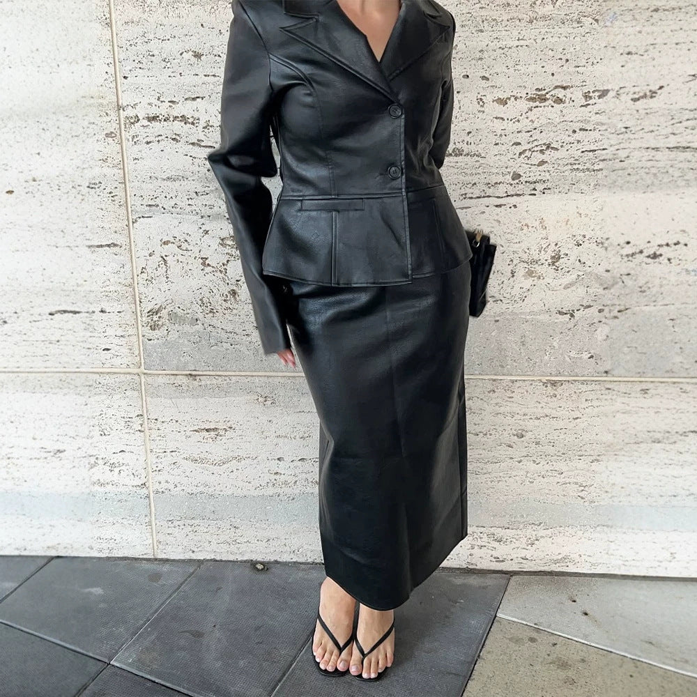 Women's Tailored Faux Leather Blazer with Princess Seams and Lapel Collar Amarae