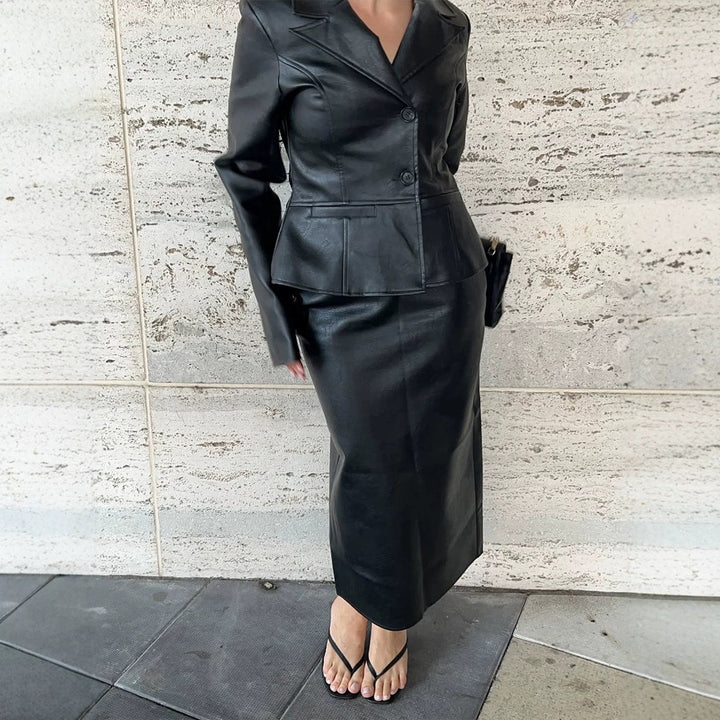 Women's Tailored Faux Leather Blazer with Princess Seams and Lapel Collar Amarae
