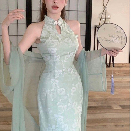 Ladies Elegant Evening Dress with Chic High Collar and Floral Pattern