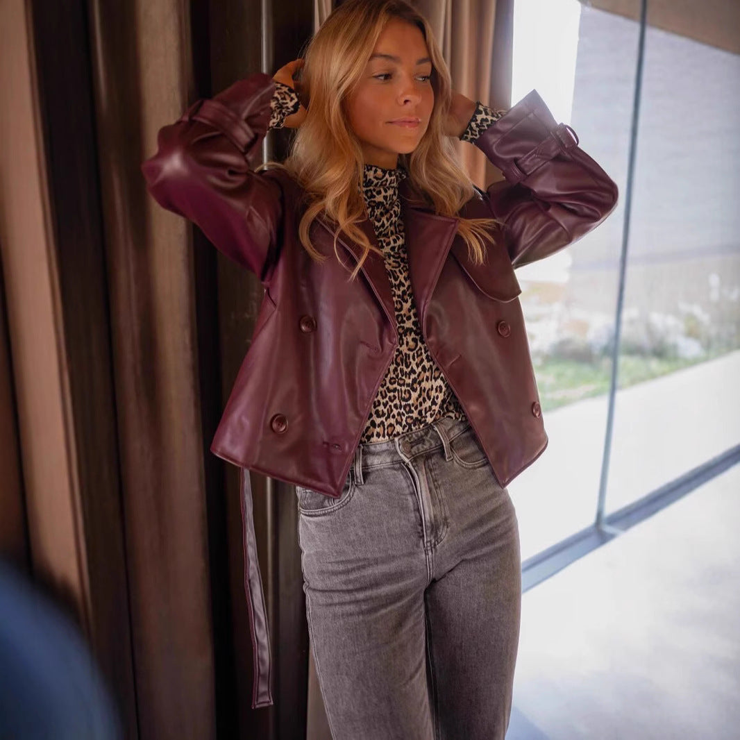 LadiesModern faux leather jacket with belt at the waist and double quilted design Lune London