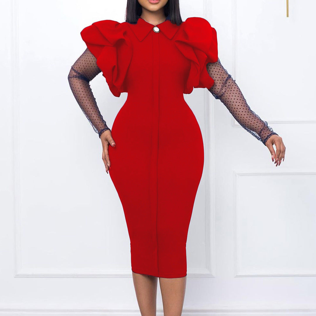 Sheath dress for ladies with puff sleeves and polka dot inserts Lune London