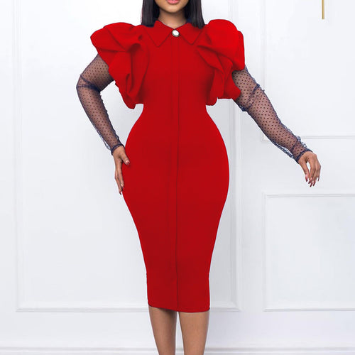 Sheath dress for ladies with puff sleeves and polka dot inserts Amarae