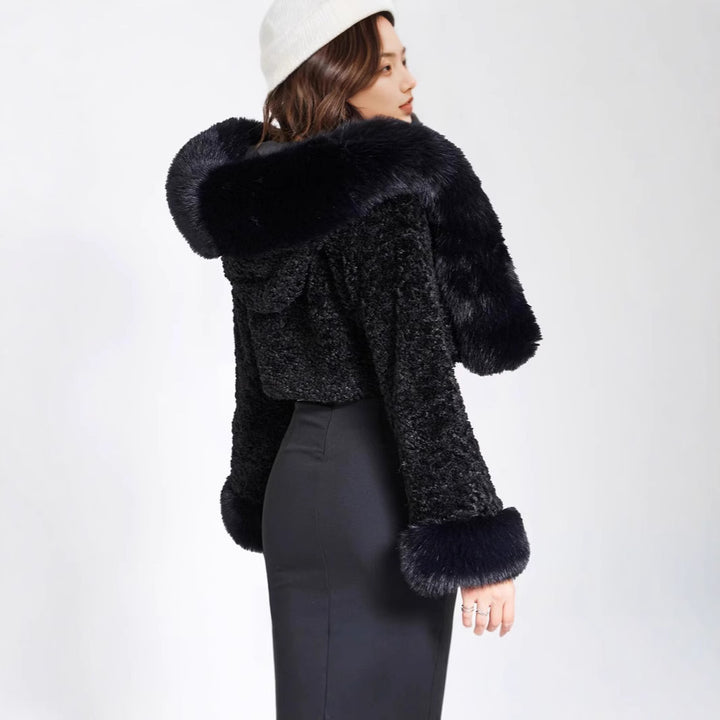 Women's short bolero made of bouclé faux fur with voluminous hood and fur cuffs Amarae