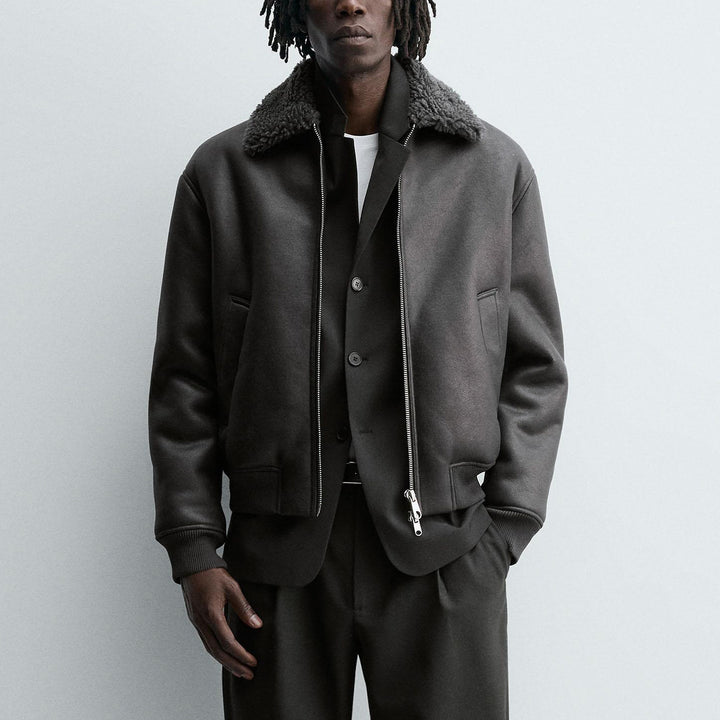 Men's Quilted Bomber Jacket with Teddy Collar and Ribbed Cuffs Amarae