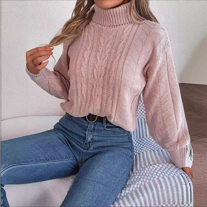 Ladies Comfortable Knitted Sweater with High Neck and Twisted Pattern Lune London