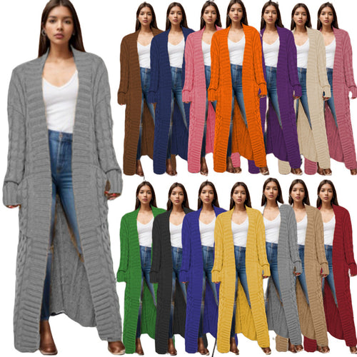 Ladies Long knit cardigan with structured twisted pattern and practical pockets Amarae