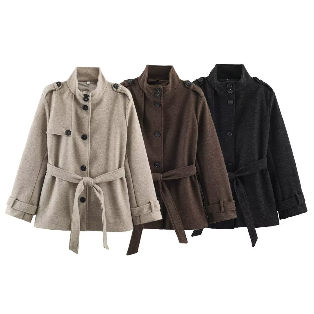Women’s short trench coat made of wool blend with stand-up collar, epaulettes, and tie belt Amarae