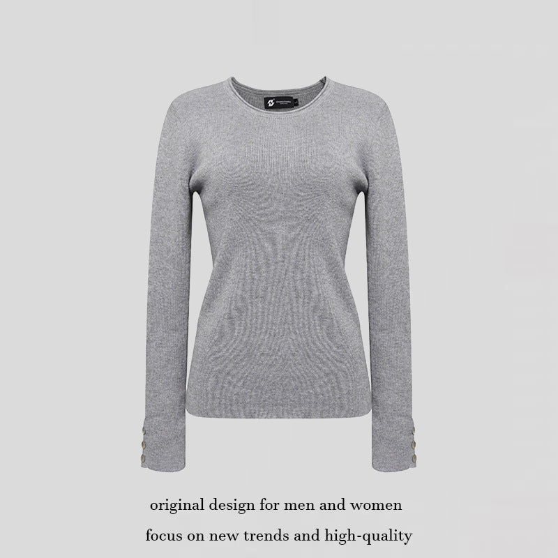 Women's fine knit sweater with round neckline, slim silhouette, and decorative button sleeves Amarae