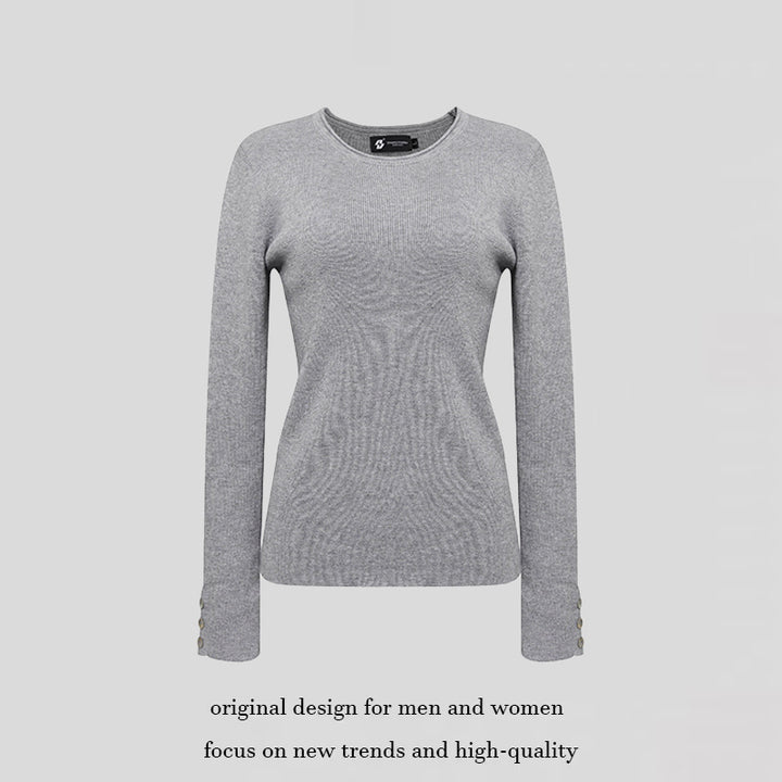 Women's fine knit sweater with round neckline, slim silhouette, and decorative button sleeves Amarae