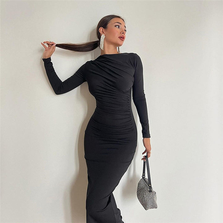 Ladies fitted maxi dress with high collar and side gathering Amarae