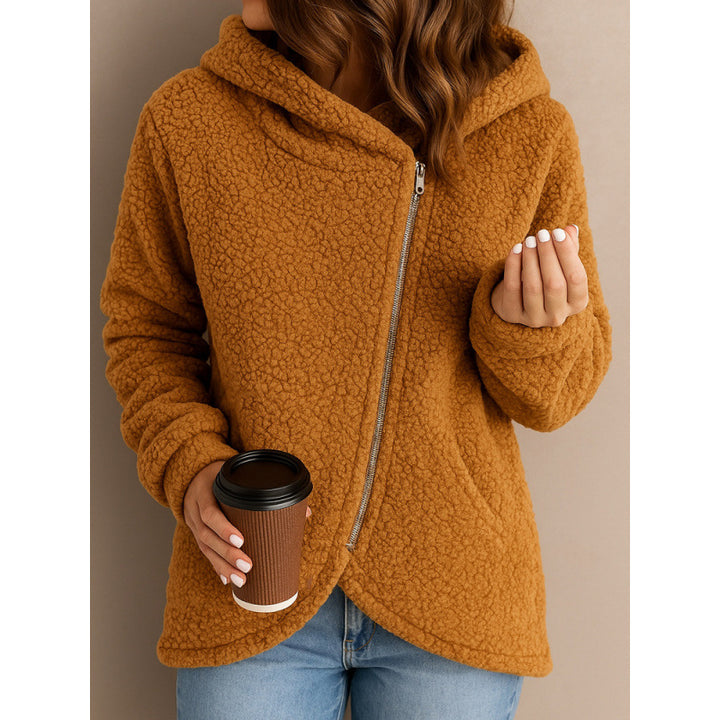 Women's teddy fleece jacket with asymmetrical zipper, hood and curved hem Amarae