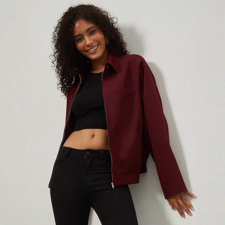 Women's Boxy Overshirt Jacket with Metal Zipper and Shirt Collar Amarae