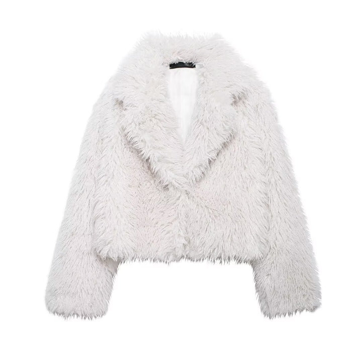 Ladies Short Boxy Plush Jacket in Shaggy Look with Dropped Lapel Amarae