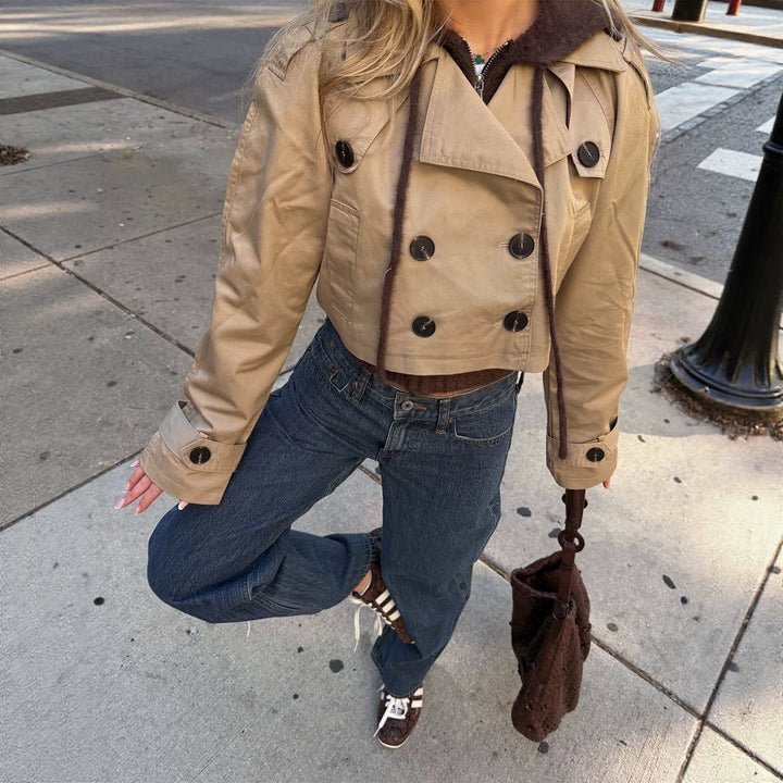 Women's Short-Cut Trench Blouson with Double-Breasted Button Placket and Shortened Silhouette Amarae