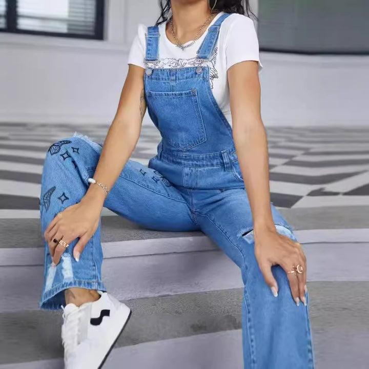Women Casual Denim Overalls with Butterfly Print, distressed Knee & Wide Leg Amarae
