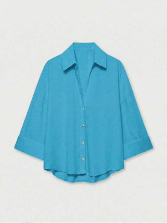 Women's Lightweight Oversized Linen Look Blouse with Three-Quarter Sleeves and Full Button Placket Amarae