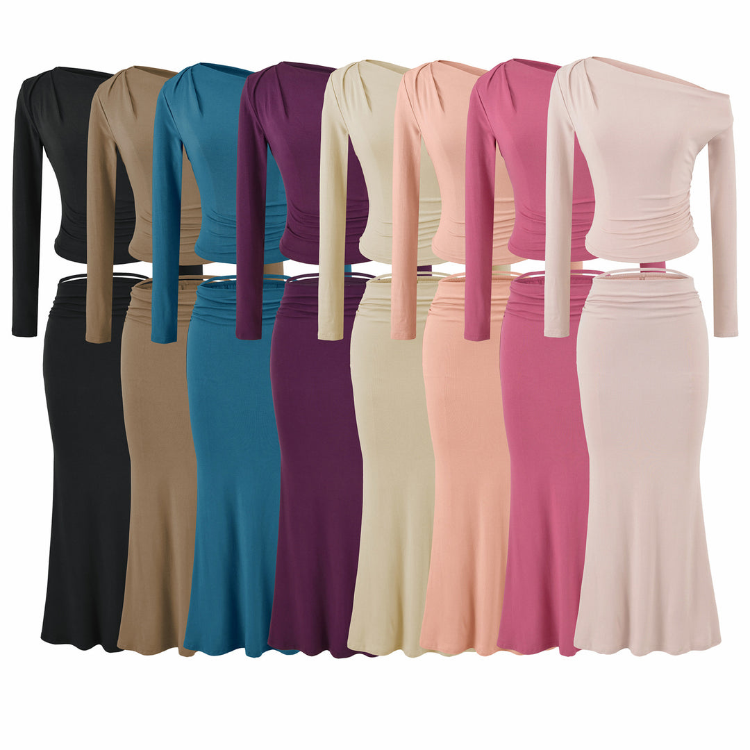 Women's One-Shoulder Two-Piece Set with Ruched Crop Top and Fitted Maxi Skirt Amarae