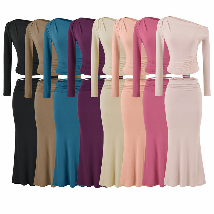 Women's One-Shoulder Two-Piece Set with Ruched Crop Top and Fitted Maxi Skirt Amarae