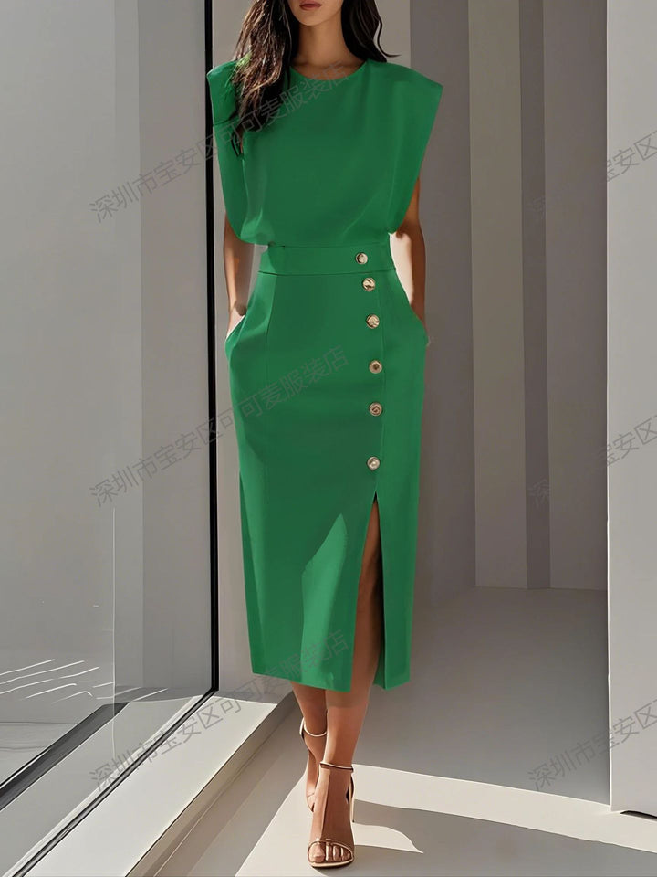 Women Elegant Evening Dress with High Shoulders and Side Split Lune London