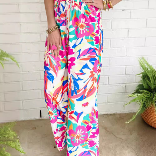 Leisure pants for women, wide, with a colorful floral pattern and an elastic waistband Amarae