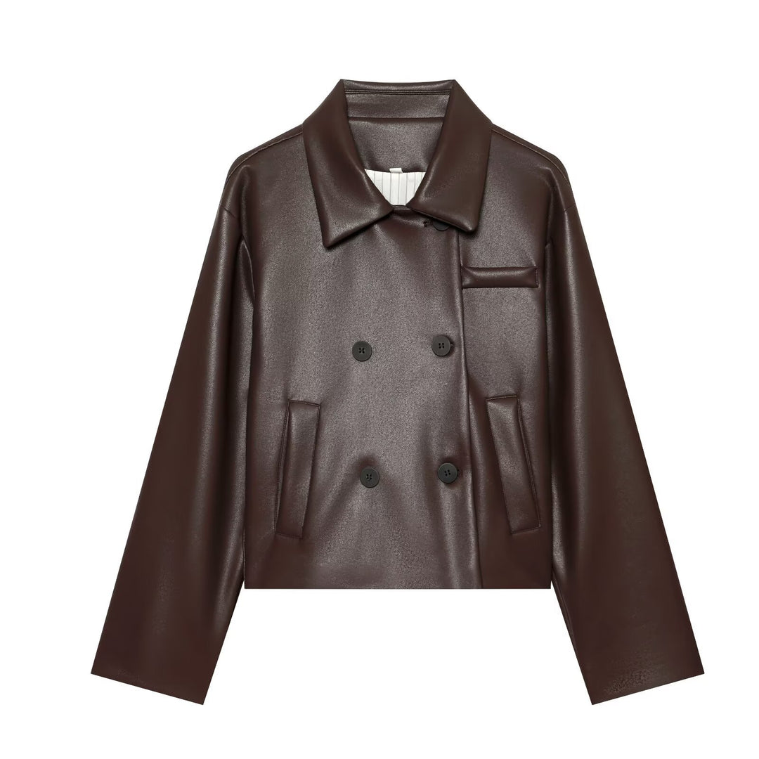Women's Short Faux Leather Blouson with Double-Breasted Button Placket and Boxy Silhouette Amarae