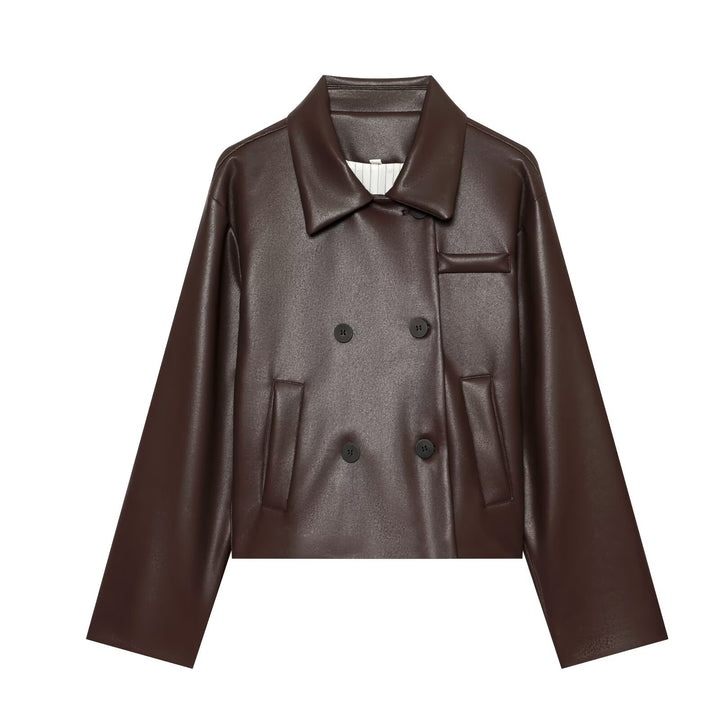 Women's Short Faux Leather Blouson with Double-Breasted Button Placket and Boxy Silhouette Amarae