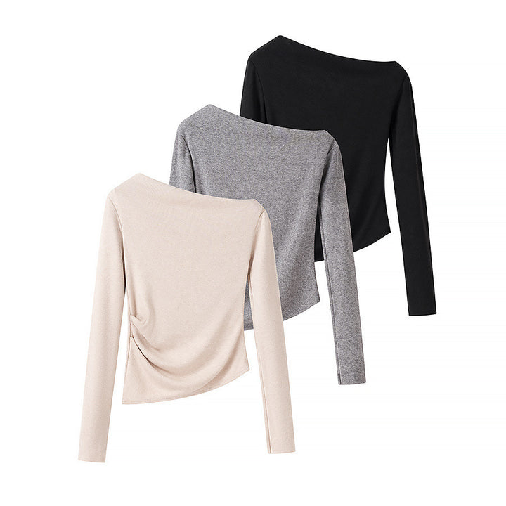 Women’s asymmetrical fine knit top with off-the-shoulder neckline and gathered side panel Amarae