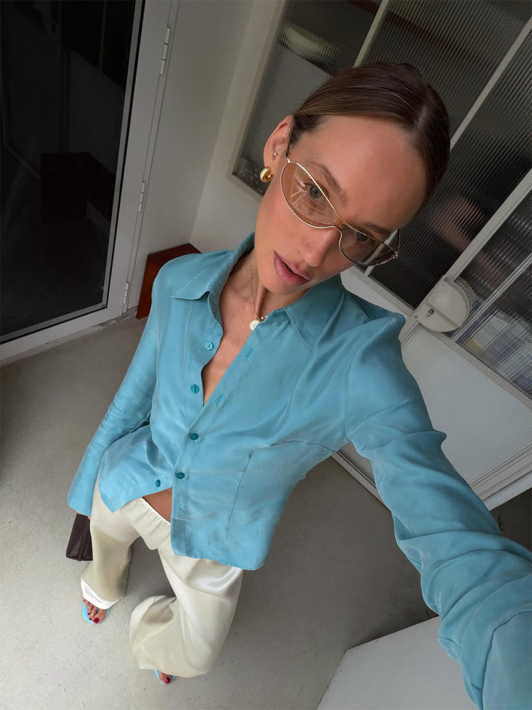 Women's satin blouse with tailored cut, shirt collar, and shaping seams Amarae