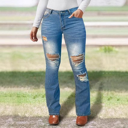 Women's Bootcut Jeans with Knee Rips made of Stretch Denim and Mid Rise Amarae