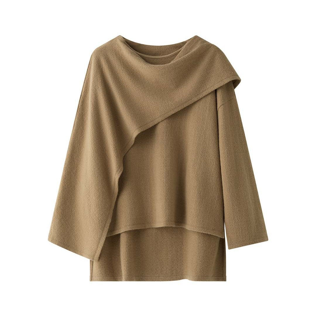 Women Asymmetric Wool Blend Poncho with Wide Boat Neck and Layered Look Amarae