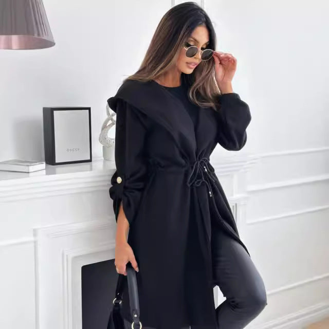 Mid-length fabric coat for women with hood and belt at the waist Lune London