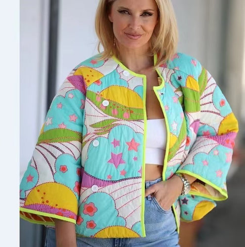 Transitional jacket for women with a cheerful floral pattern and practical button details Amarae