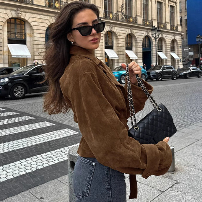 Suede leather trench coat for women with tie belt and wide lapels Amarae