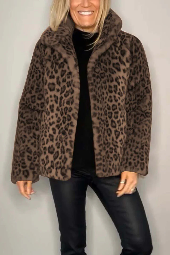 Ladies Leopard Print Faux Fur Jacket with High Collar Lune London