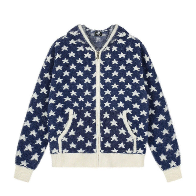 Women Fluffy Knit Zip Jacket with Allover Star Pattern, Kangaroo Pockets and Ribbed Cuffs Amarae