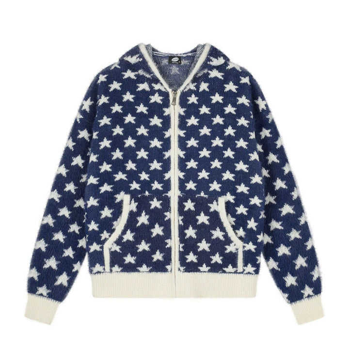 Women Fluffy Knit Zip Jacket with Allover Star Pattern, Kangaroo Pockets and Ribbed Cuffs Amarae