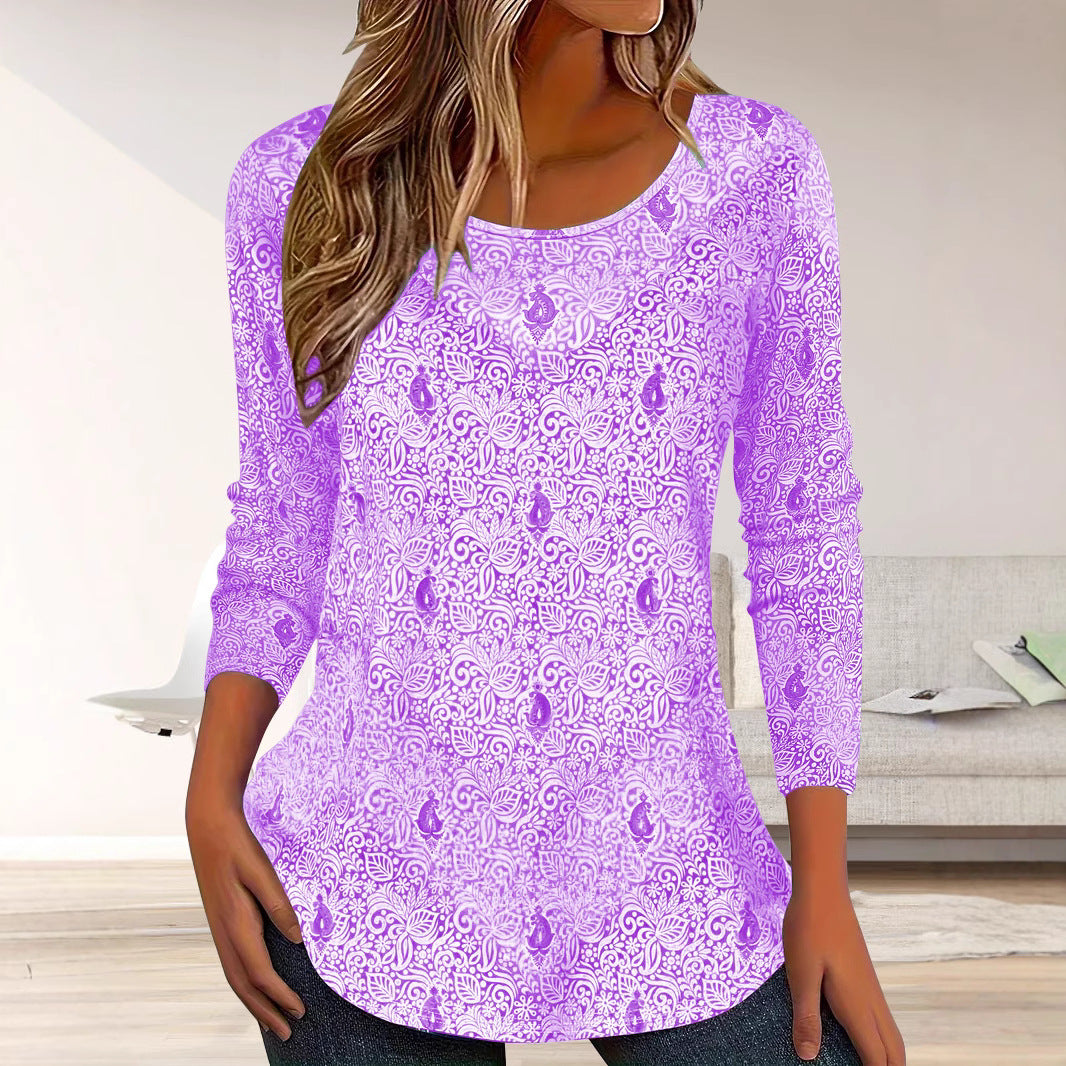 Simple long sleeve women's blouse with floral design and round neckline Lune London