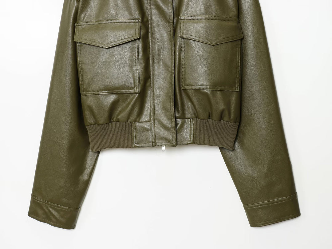 Cropped faux leather jacket for women with practical pockets and high collar Lune London