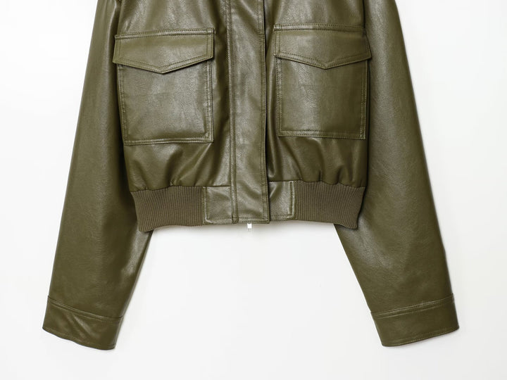 Cropped faux leather jacket for women with practical pockets and high collar Lune London