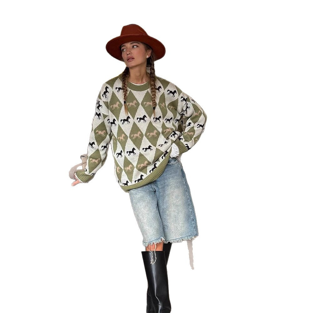 Women's Oversize Knitted Sweater with Argyle Pattern and Horse Motif Amarae