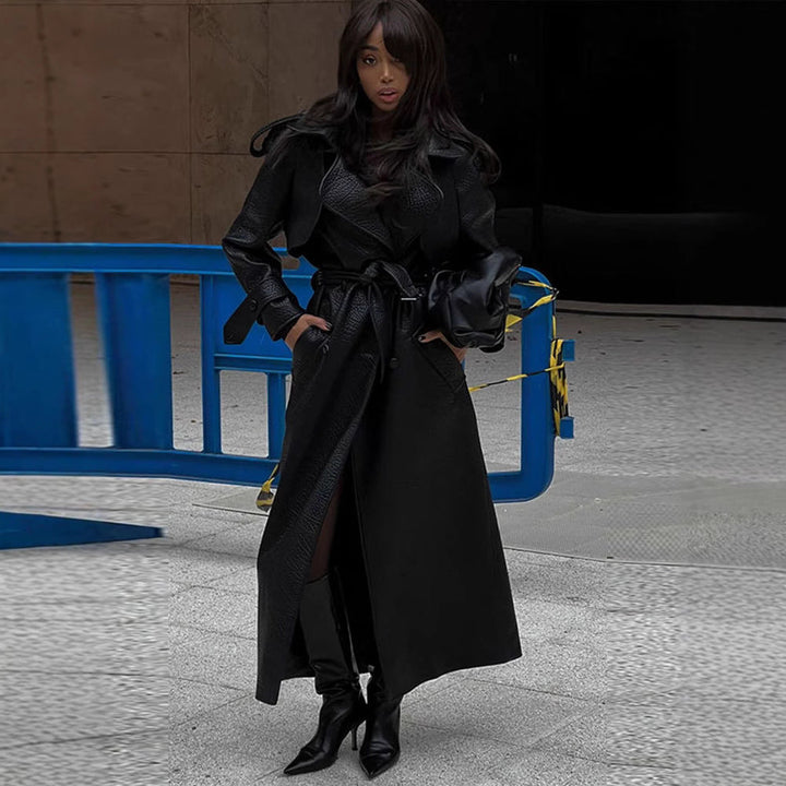 Women's Faux Leather Trench Coat with Top and Waist Belt Lune London