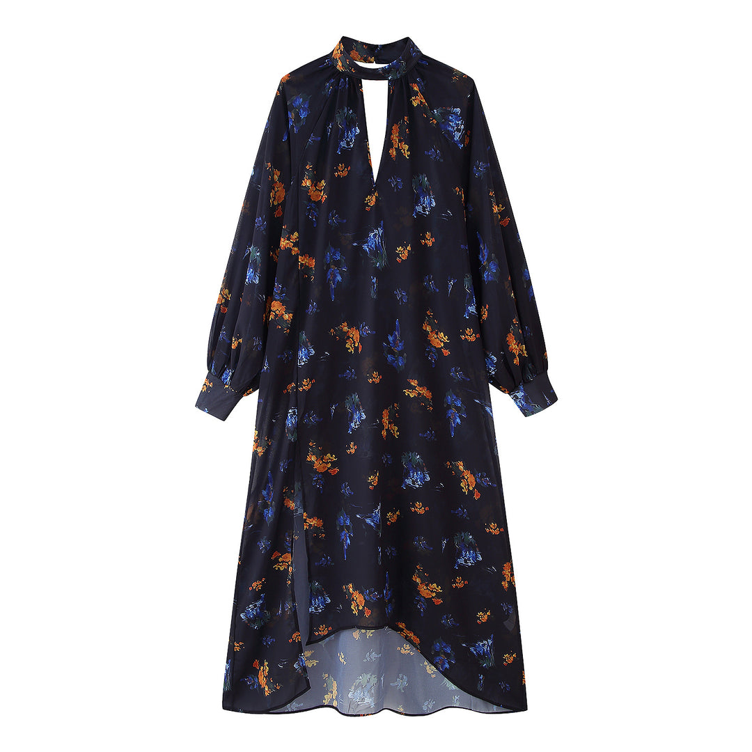 Maxi dress for women with elegant high collar and printed floral design Lune London